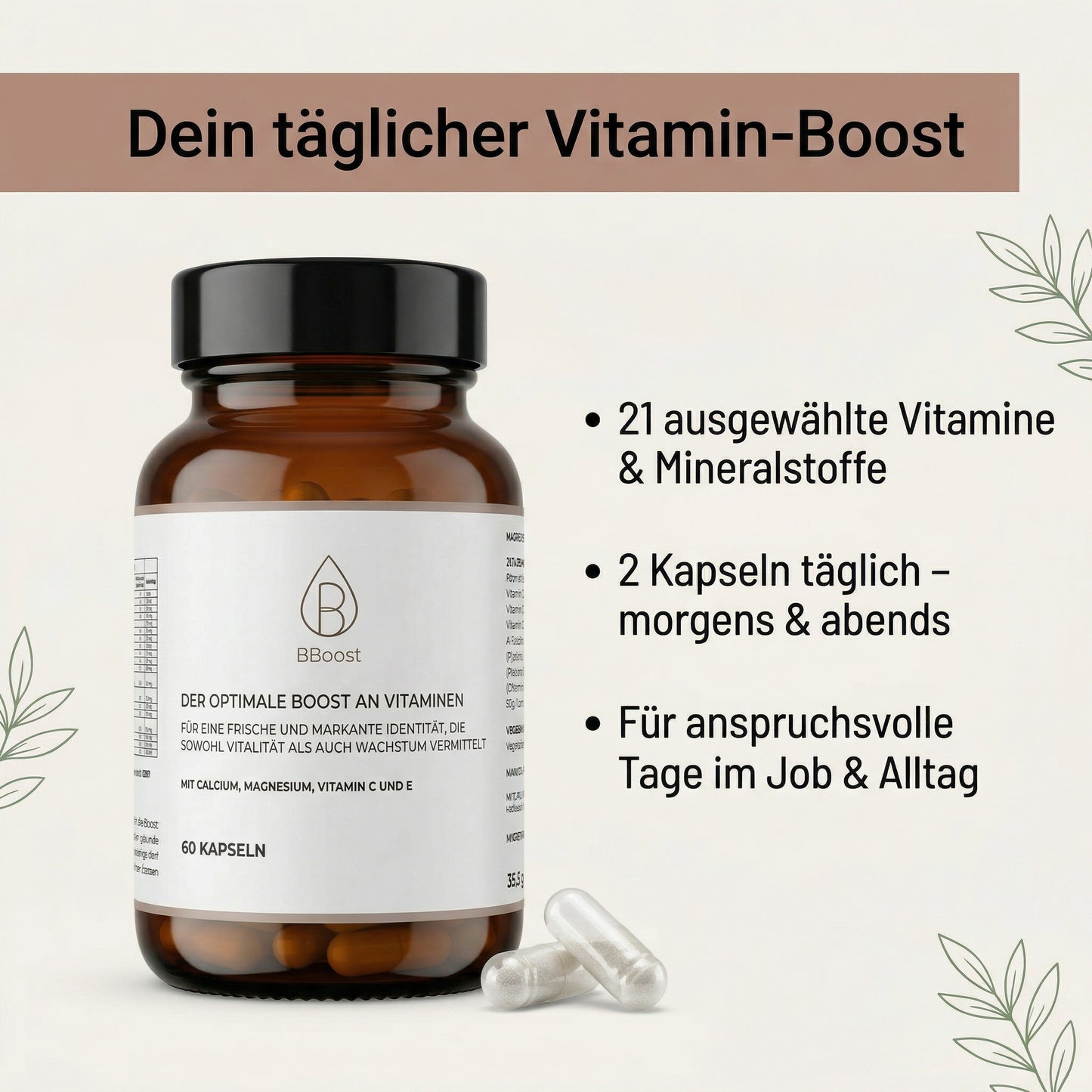 BBoost Multivitamin – 21 Vitamine & Mineralstoffe im Komplett-Komplex (60 Kapseln, Glasflasche)
