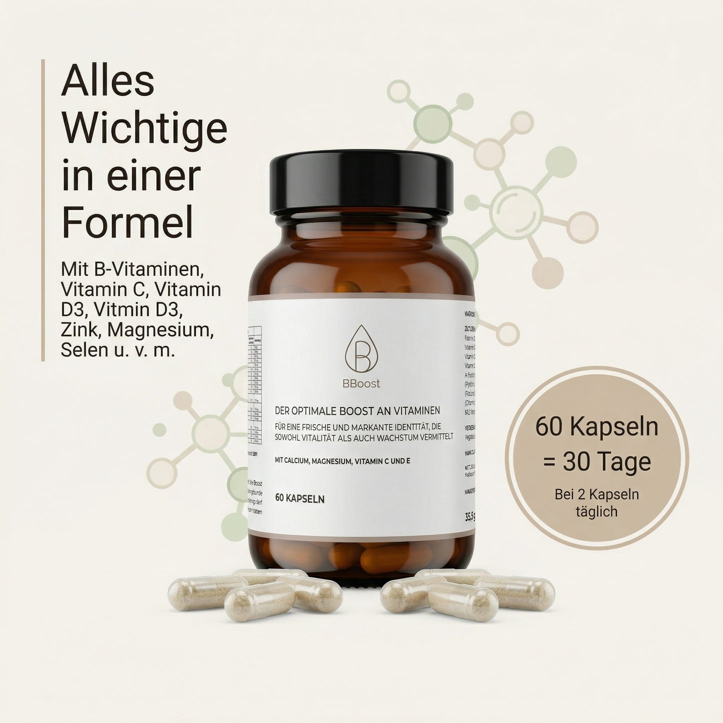BBoost Multivitamin – 21 Vitamine & Mineralstoffe im Komplett-Komplex (60 Kapseln, Glasflasche)